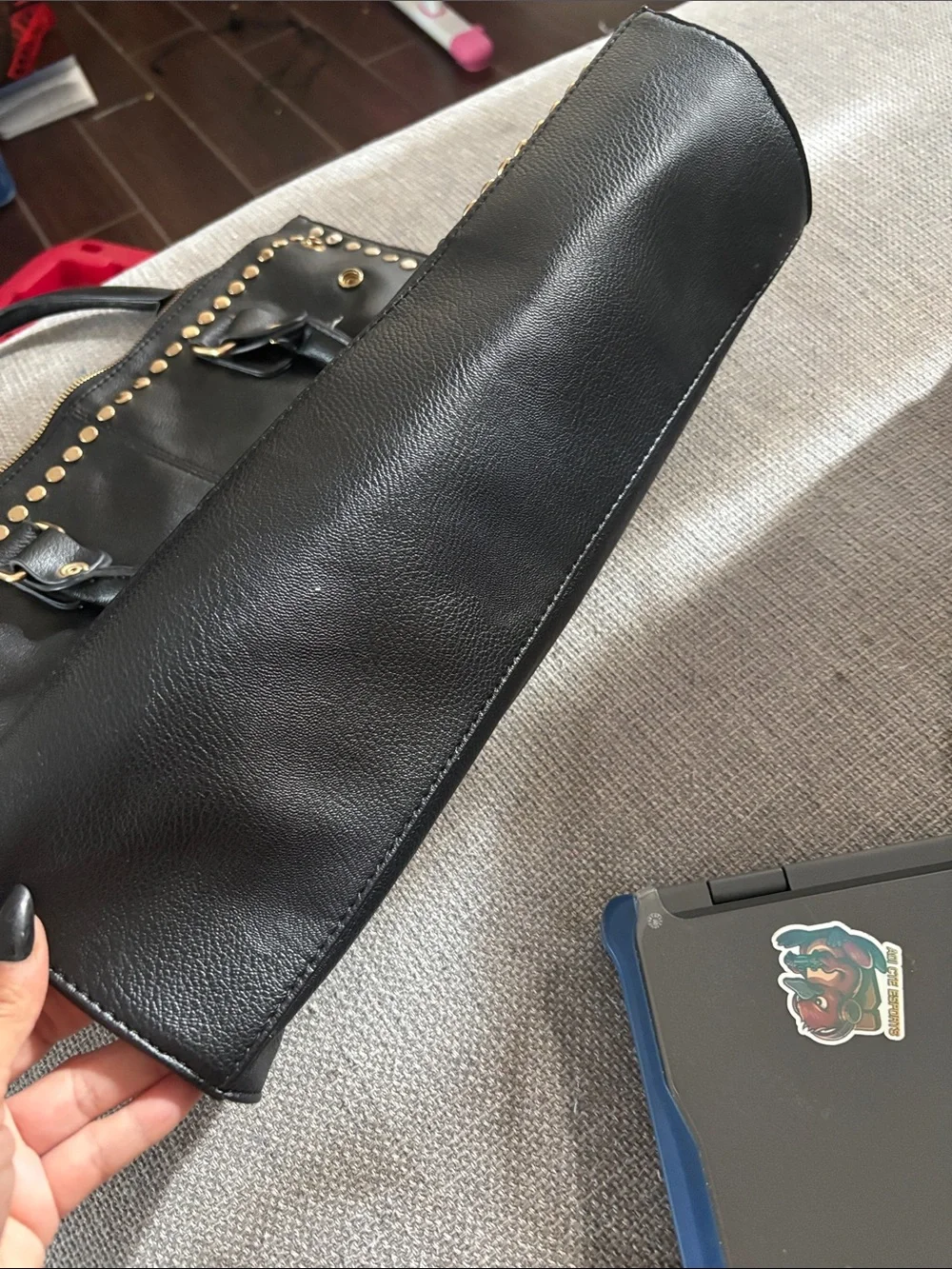 Black Studded Tote Bag with Gold Accents - Classic Carryall